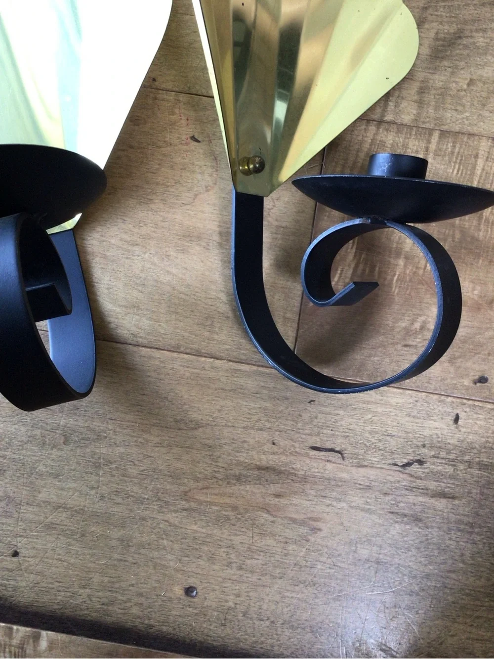 Vintage MCM Brass Black Scalloped Clam Shell Wall Sconce Candle Holder Pair 18”